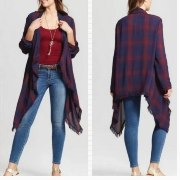 Knox Rose Plaid Fringe Red & Navy Blue Open Cardigan - Picture 1 of 10